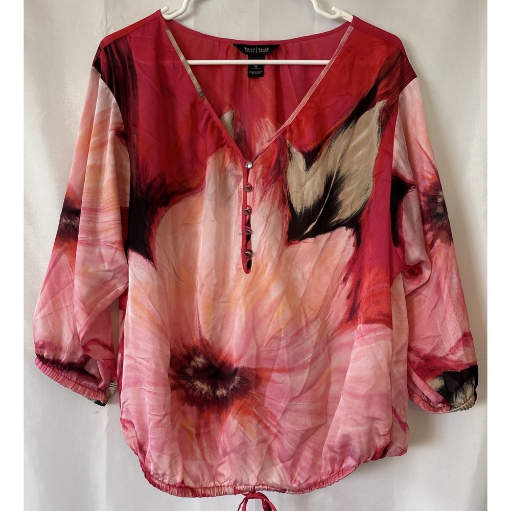 WHITE HOUSE BLACK MARKET 3/4" SLEEVE Sheer FLORAL PRINT Blouse Drawstring M